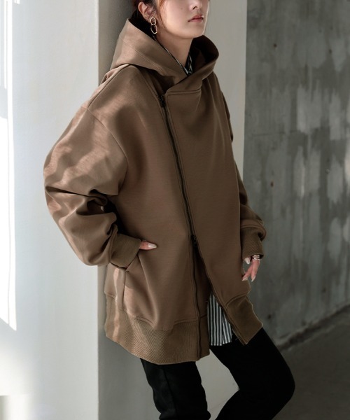 HUG.U（ハグユー） パーカー アシメジップパーカー レディース