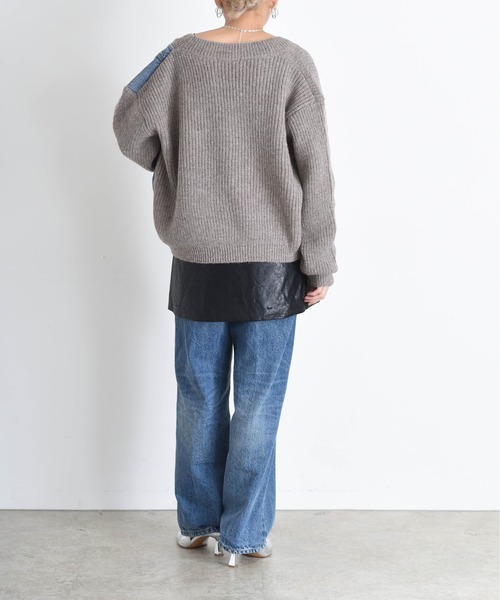 Eimee Law エイミーロー ニットドッキングバックギャザーロングカーデ Eimee Law カーディガン デニムドッキングニットカーデ