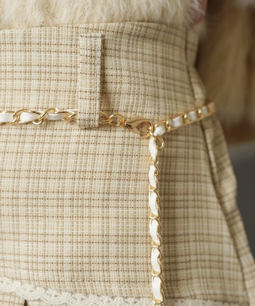 SPINNS スカート ツイードプリーツミニスカート/チェーンベルト付き