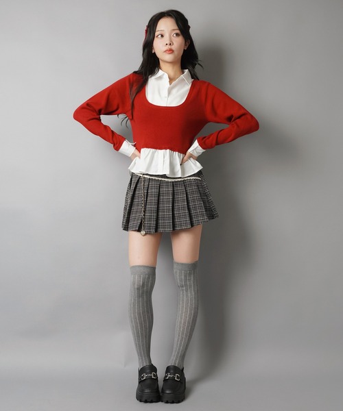 SPINNS スカート ツイードプリーツミニスカート/チェーンベルト付き