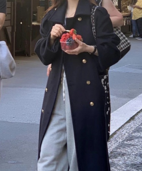 極美品✨45R ウール縮絨コート ノーカラー 金ボタン ダブル ベルト A