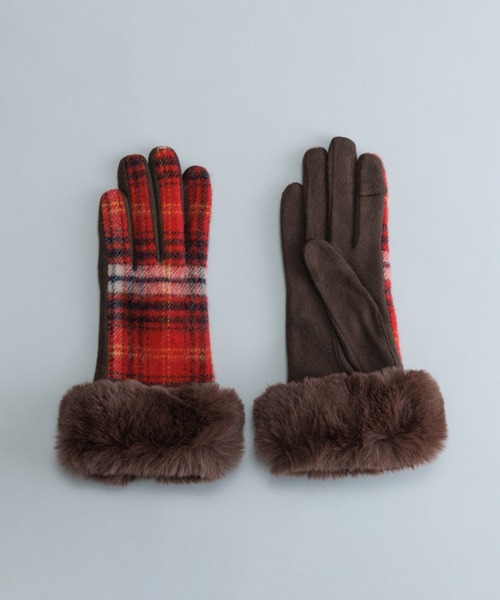 チェック柄ファー付き手袋 KURODA（クロダ） 手袋 タータンチェックフェイクファー付きジャージ
