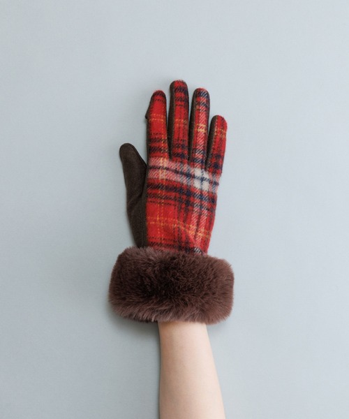 KURODA（クロダ） 手袋 タータンチェックフェイクファー付きジャージ