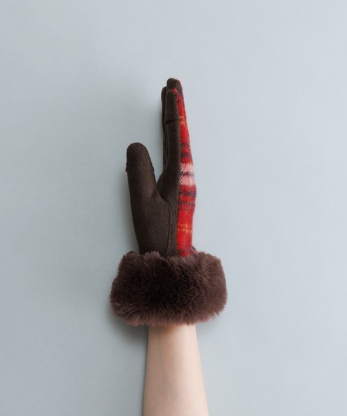 KURODA（クロダ） 手袋 タータンチェックフェイクファー付きジャージ