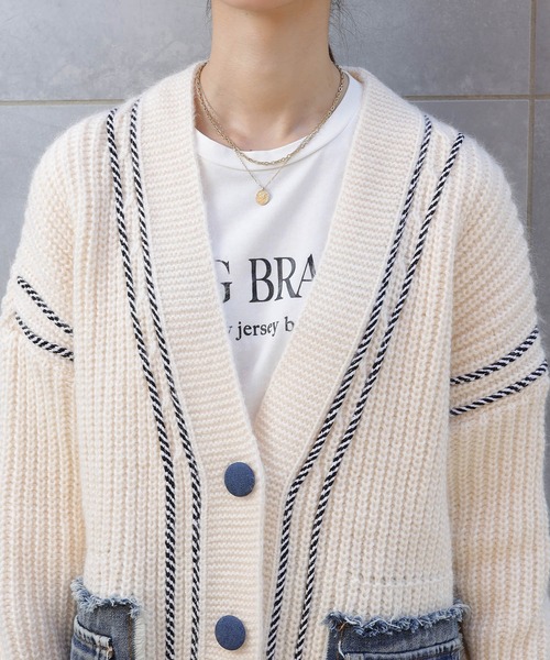 ストライプデザイン カーディガン風ジャケット pumpkin port（パンプキンポート） カーディガン デニムポケット