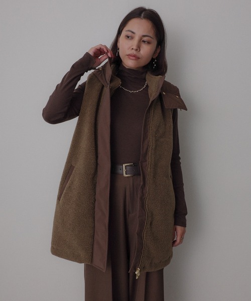 Floran ダウンベスト ベスト 薄中綿 ボア×ナイロン フードベスト