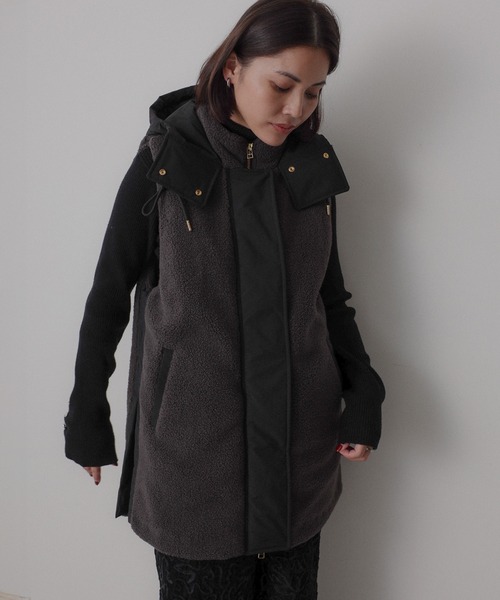 Floran ダウンベスト ベスト 薄中綿 ボア×ナイロン フードベスト