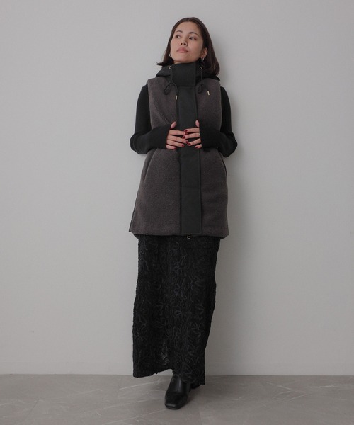 Floran ダウンベスト ベスト 薄中綿 ボア×ナイロン フードベスト