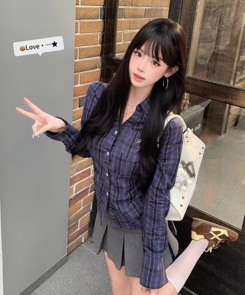 クレッシェント シャツ ブラウス M 紺 ネイビー チェック柄 ドット柄 七分袖 other - クレッシェント シャツ ブラウス M 紺 ネイビー チェック柄