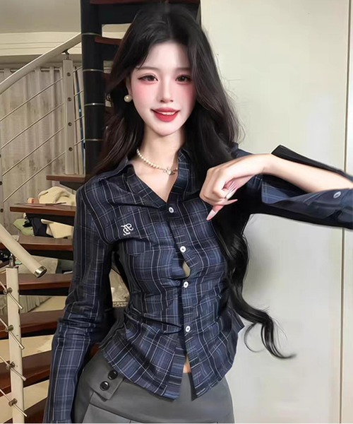 AsheKsha ブラウス シャツ チェック柄のスリムフィットウエスト