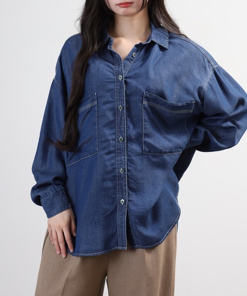 美品＊45R モンプチデニムブラウス M相当 コットン綿 洗える 長袖 日本製 hunch（ハンチ） ブラウス シャツ 4．5オンス テンセルデニム