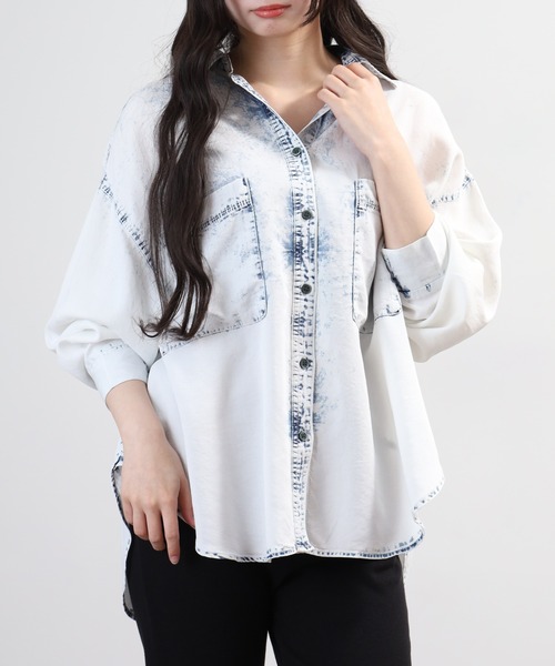 美品＊45R モンプチデニムブラウス M相当 コットン綿 洗える 長袖 日本製 hunch（ハンチ） ブラウス シャツ 4．5オンス テンセルデニム