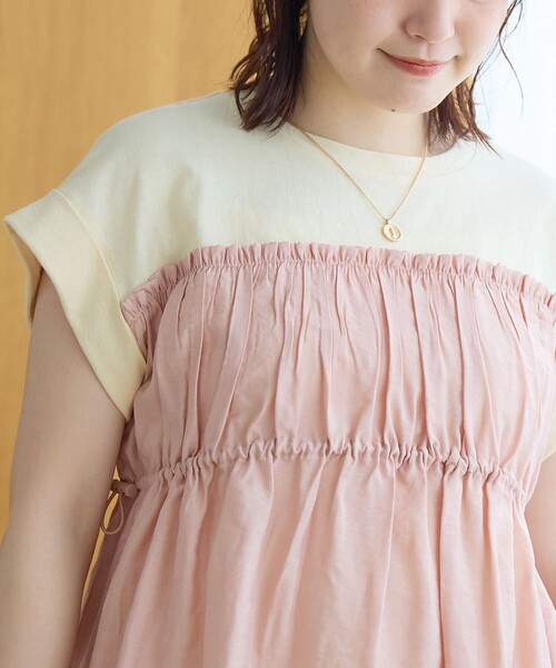 coen（コーエン） tシャツ シアードッキング ギャザーフレンチスリーブ
