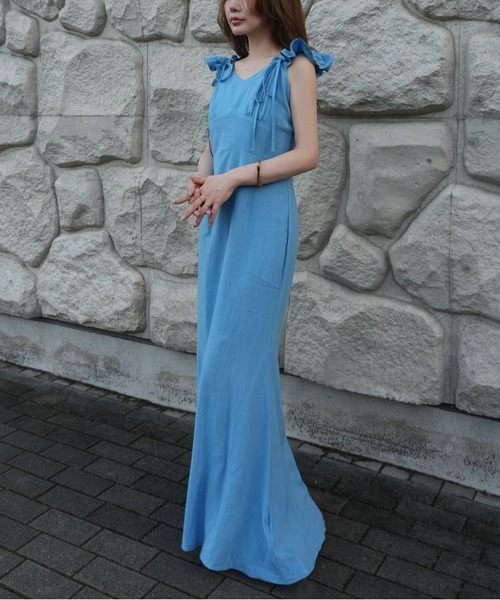 ワンピース frill ribbon flare long dress /フリルリボンフレアロング