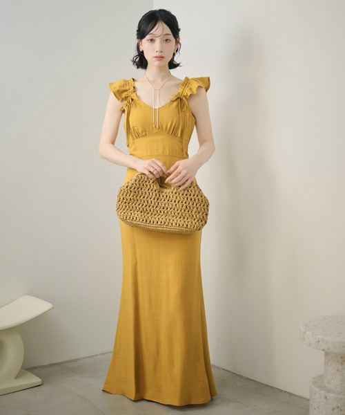 ワンピース frill ribbon flare long dress /フリルリボンフレアロング