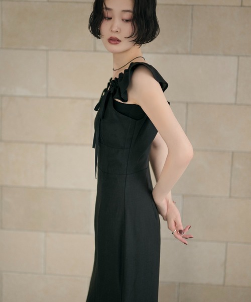 ワンピース frill ribbon flare long dress /フリルリボンフレアロング