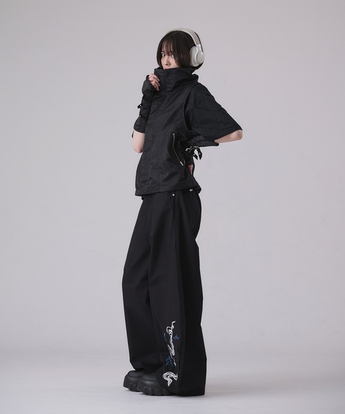 リミフゥ サテン バルーンサルエル パンツ リボン ブラック S 日本製 狐独 ワイドパンツ パンツ 刺繍リップバルーンパンツ メンズ