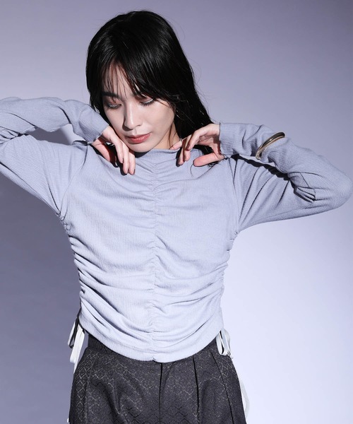 Limue tシャツ ハイネック脇ギャザーランダムテレコリブトップス  
