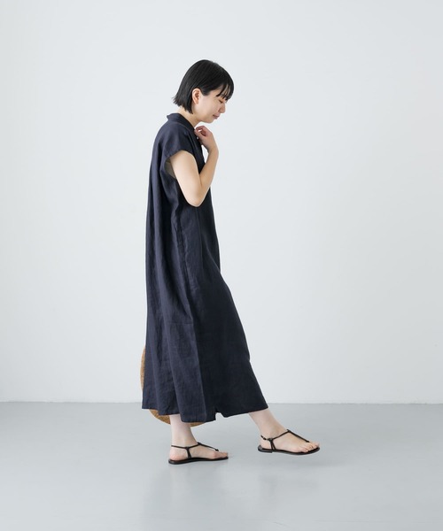 かぐれ ワンピース リネンノースリーブワイドシャツワンピース
