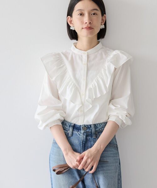 美品【LOUNIE】スタンドカラーフリルシャツ S シアー ホワイト白 plusnao ブラウス レディース スタンドカラー フリルカラー
