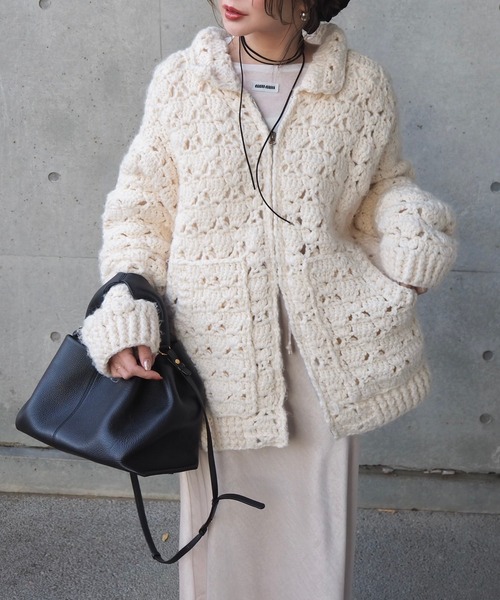 カーディガン double zip crochet knit cardigan /ダブルジップクロシェカーディガン レディース