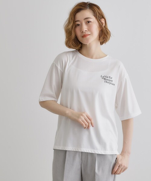 グレイコード 取扱い リラックスTシャツ カットソー 五分袖 1 ライトベージュ セール】ルーズな着こなしが叶う。五分袖ラウンドネックワンポイントT