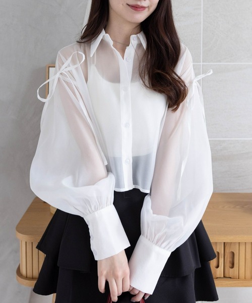 ブラウス シャツ リボン付きシアー半袖ブラウス レディース リボン付きシアー半袖ブラウス[商品：PN24SS-073] - PUNYUS