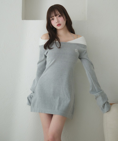 fupel ワンショルミニワンピース 即購入⭕ fupel ワンピース off-shoulder docking rib knit mini onepiece