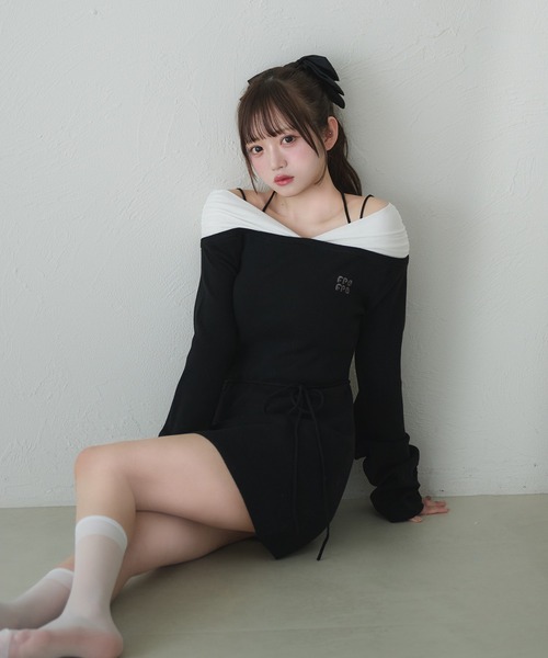 fupel ワンショルミニワンピース 即購入⭕ fupel ワンピース off-shoulder docking rib knit mini onepiece
