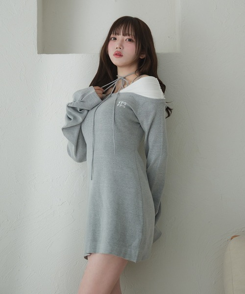 fupel ワンピース off-shoulder docking rib knit mini onepiece