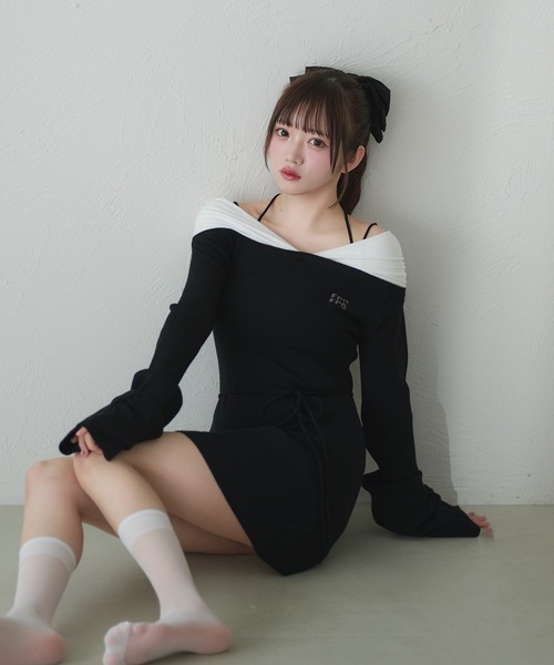 fupel ワンピース off-shoulder docking rib knit mini onepiece