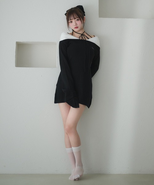 fupel ワンショルミニワンピース 即購入⭕ fupel ワンピース off-shoulder docking rib knit mini onepiece