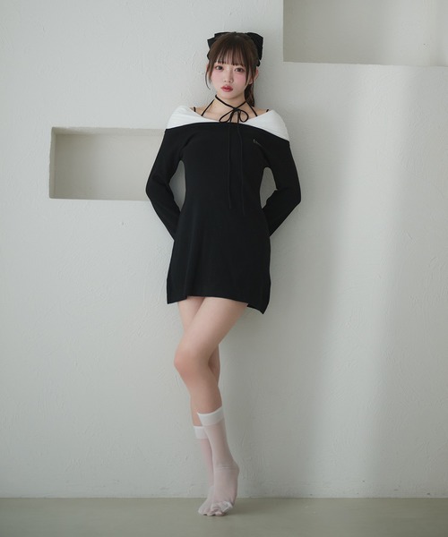 fupel ワンショルミニワンピース 即購入⭕ fupel ワンピース off-shoulder docking rib knit mini onepiece