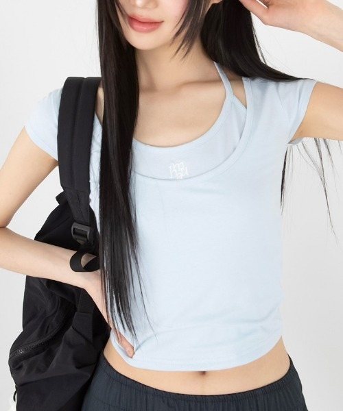 tシャツ A'GEM/9 × .kom 「muah muah/ムーアムーア」LAYERED STRAP HALF T-SHIRT/レイヤードストラップ