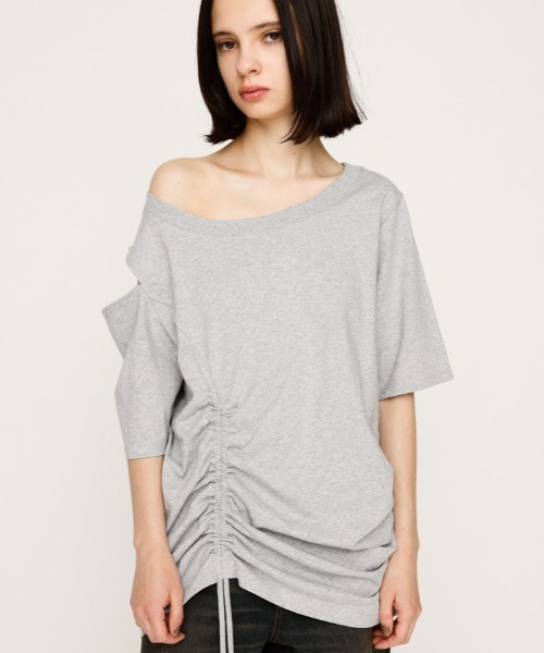 tシャツ ONE SHOULDER SHIRRING TOPS ワンショルダー シャーリング トップス 半袖 夏服 レディース