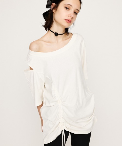 tシャツ ONE SHOULDER SHIRRING TOPS ワンショルダー シャーリング トップス 半袖 夏服 レディース SLY tシャツ ONE SHOULDER SHIRRING TOPS ワンショルダー
