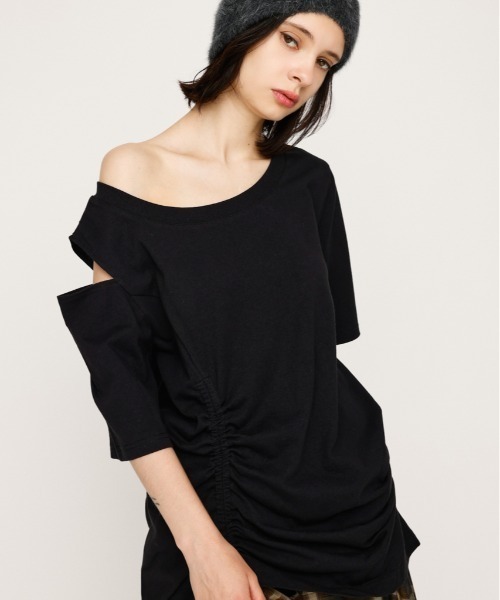 tシャツ ONE SHOULDER SHIRRING TOPS ワンショルダー シャーリング トップス 半袖 夏服 レディース SLY tシャツ ONE SHOULDER SHIRRING TOPS ワンショルダー
