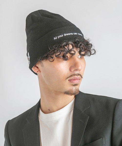 ブラックニット帽 刺繍ロゴ付き ideaswam 14+（イチヨンプラス） ニット帽 ニットキャップ レディース 刺繍入り