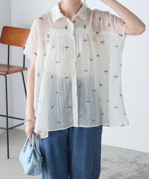 BONLECILL（ボンルシール） ブラウス シャツ フラワー刺繍シアー半袖