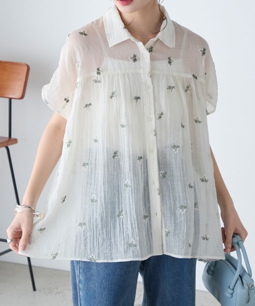 BONLECILL（ボンルシール） ブラウス シャツ 夏 半袖 フラワー刺繍