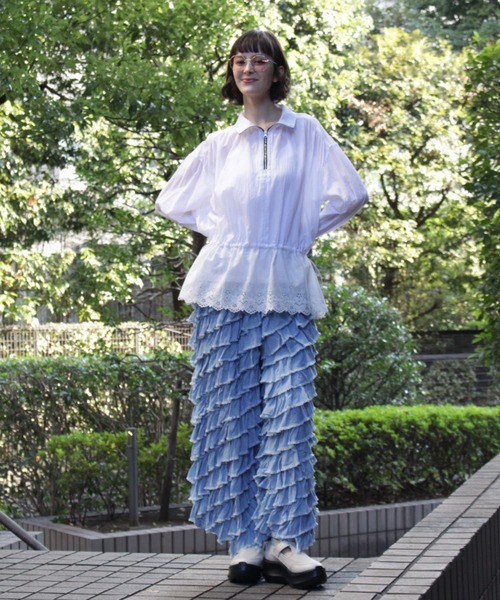 ジーンズ デニム デニムパンツ 2．0オンスシフォンデニムクレイジーフリルパンツ レディースの画像