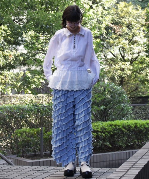 ジーンズ デニム デニムパンツ 2．0オンスシフォンデニムクレイジーフリルパンツ レディースの画像