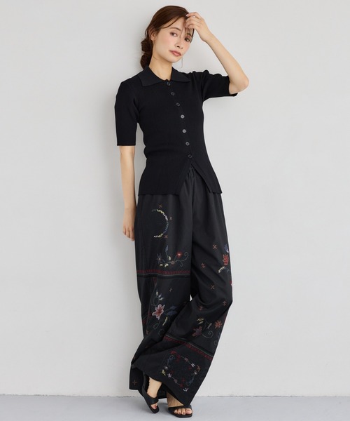 ワイドパンツ パンツ レトロ花刺繍イージーパンツ　679001 レディースの画像