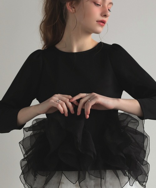 美品♡M ラリアムー　オーガンジー　ドット　トップス　ウール　ブラック　日本製 オーガンジーヘムライントップス レディース