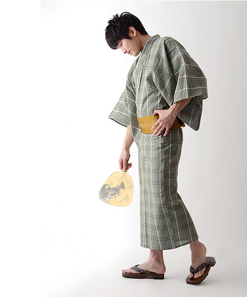 浴衣 男性浴衣単品 グリーン格子縞 セール 登場から人気沸騰