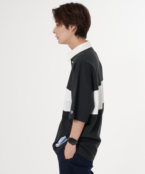 メンズ ポロシャツ 英字プリント ビッグシルエット J00278 Champion ポロシャツ 「CHAMPION/チャンピオン」フロッキー