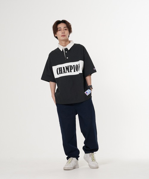 メンズ ポロシャツ 英字プリント ビッグシルエット J00278 Champion ポロシャツ 「CHAMPION/チャンピオン」フロッキー