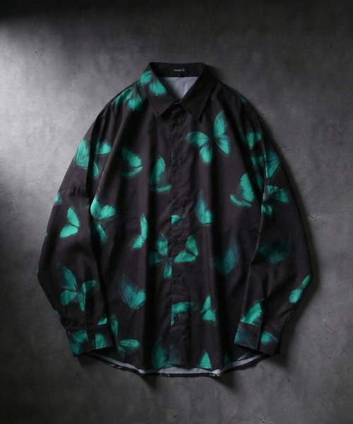 古着 レトロ 総柄 プルオーバーシャツ 柄シャツ 襟リブ 裾リブ ブラック 黒 REGIEVO（レジエボ） シャツ Allover pattern dolman sleeve long