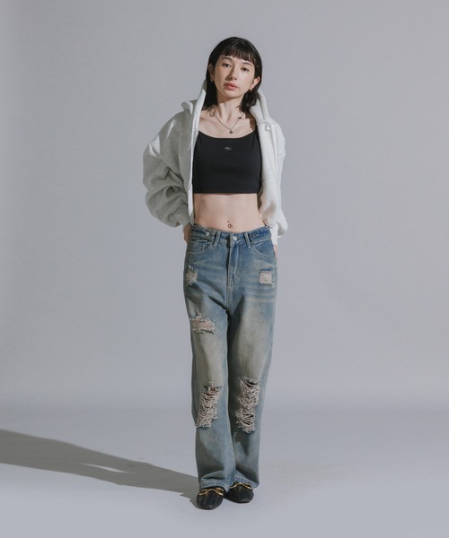 Chick パーカー 裏起毛 ルーズショート丈パーカー ショートジップ