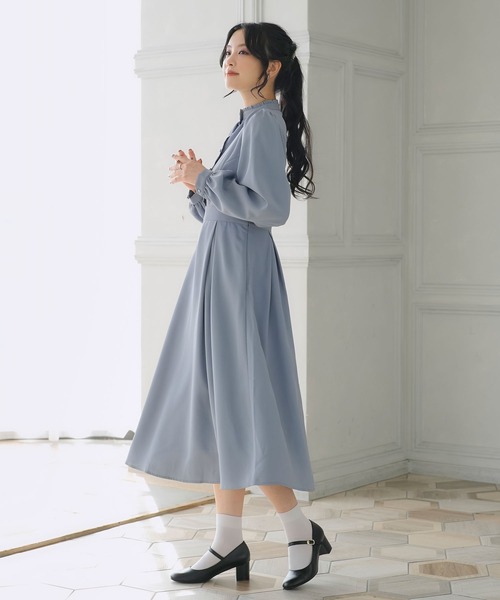 NEWカラー＊ネックパール✖️フリルトップミディドレスblgrnMア